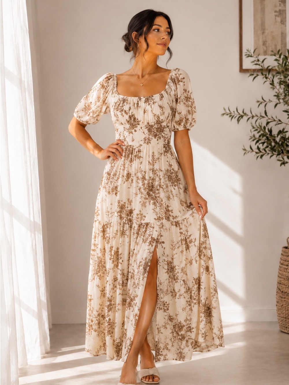 London Times Floral Linen Blend Puff Sleeve Maxi Dress Size 12 NWT